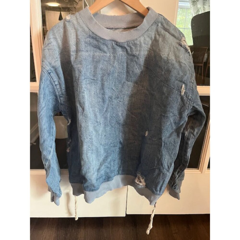 ZARA Oversized Light Blue Distressed Denim Sweatshirt With Side Zippers Size S